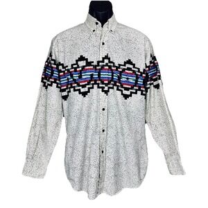 VTG 80s 90s Roper Button Shirt Mens Medium B&W Speckle Aztec Southwestern Cowboy